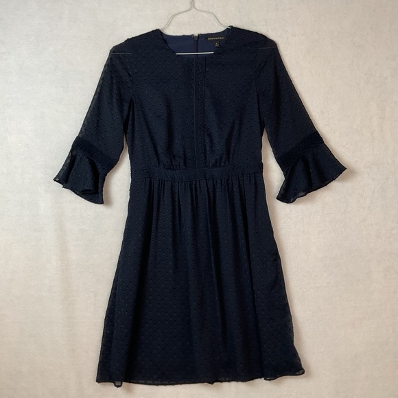 Banana Republic Dresses & Skirts - Banana Republic Dress Womens 2 Navy Blue 3/4 Sleeve Tucks Ruffles Sheer Lined